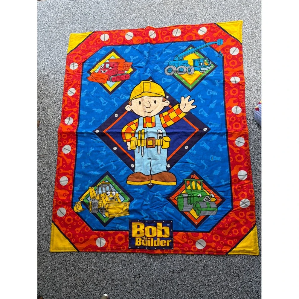 Vintage Bob the Builder Quilted Throw Blanket Blue Red Yellow Construction 2000s